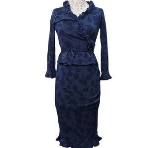 Vintage Tess dress ruffle blue leaf print wrap sweater skirt set size s